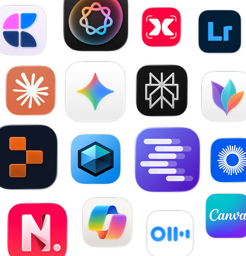An array of AI app icons, including MindNode, Adobe Lightroom, Claude, and Google Gemini