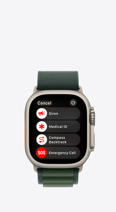 Et Apple Watch med en liste med nødfunktioner: Sirene, Nødinfo, Tilbagespor med kompas og Nødopkald