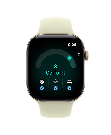 Apple Watch Series 12 z kopertą z aluminium w kolorze jasnego złota, pasek sportowy w kolorze bladej agawy (jasnożółtozielonym), apka Gotowość z wynikiem gotowości na poziomie 8