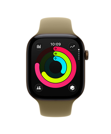 Apple Watch Series 12, boîtier en aluminium, couleur bronze foncé, écran affichant les anneaux d’activité, données pour Bouger, M’entraîner et Me lever, bracelet sport, couleur olive (vert terreux)