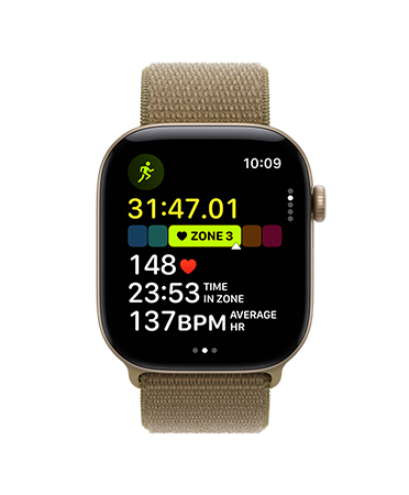Apple Watch Series 12 z kopertą z aluminium w kolorze jasnego złota, włączony trening Bieg w plenerze, tętno w strefie tętna 3, opaska sportowa w kolorze oliwki (brązowozielonym)