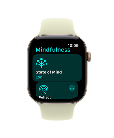 Apple Watch Series 12 z kopertą z aluminium w kolorze jasnego złota, pasek sportowy w kolorze bladej agawy (jasnożółtozielonym), otwarta aplikacja Uważność