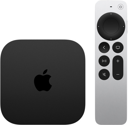 جهاز Apple TV 4K، لون أسود، الجهة الخارجية العلوية، معروض مع ريموت Siri، لون فضي