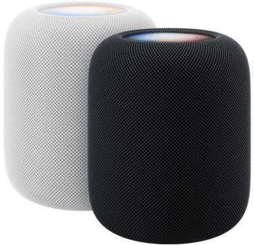 兩部 HomePod：白色及午夜暗色，展示發光的頂部