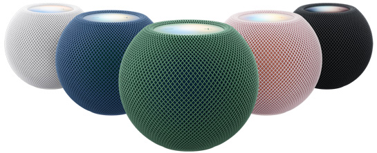 HomePod mini 2，展示網面布料及頂部的觸控表面；備有白色、藍色、綠色、粉紅色及午夜暗色可供選擇