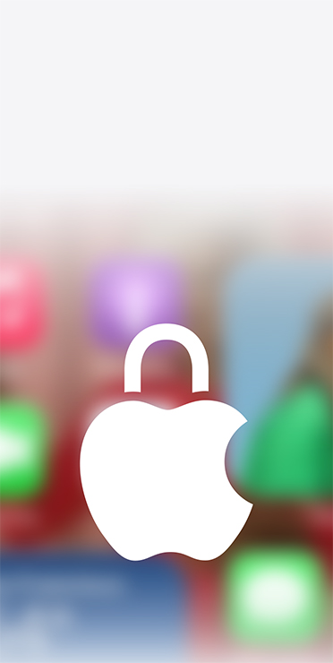 Logo de confidentialité Apple avec une icône de cadenas, blanc sur un arrière-plan flouté de l’écran d’accueil d’Apple HomeView