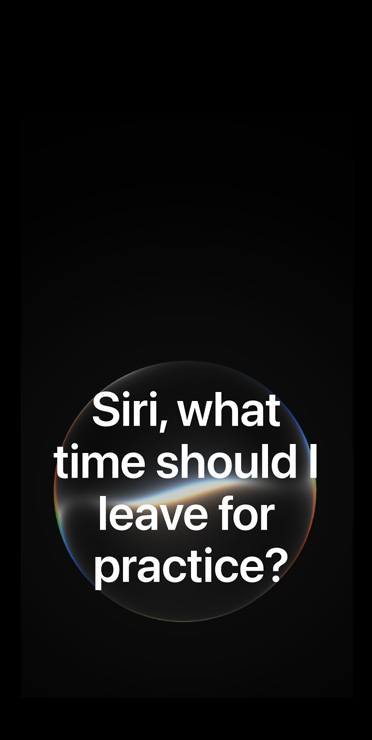 Interface de Siri AI, sphère transparente sur fond noir avec le texte : Dis Siri, à quelle heure je devrais partir pour l’entraînement?
