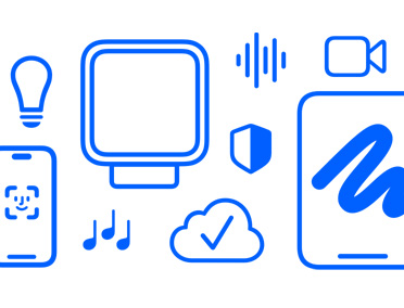 Illustration au trait bleu d’Apple HomeView, avec des icônes évoquant la domotique, la confidentialité, la musique, FaceTime et le stockage infonuagique