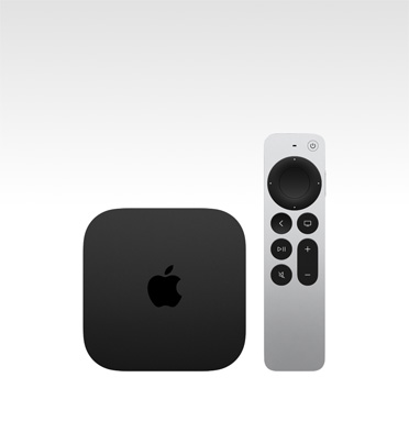 Apple TV 4K, couleur noir, face supérieure, présentée avec une télécommande Siri Remote, couleur argent