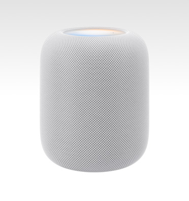 Un HomePod deuxième génération, blanc, avec surface supérieure illuminée