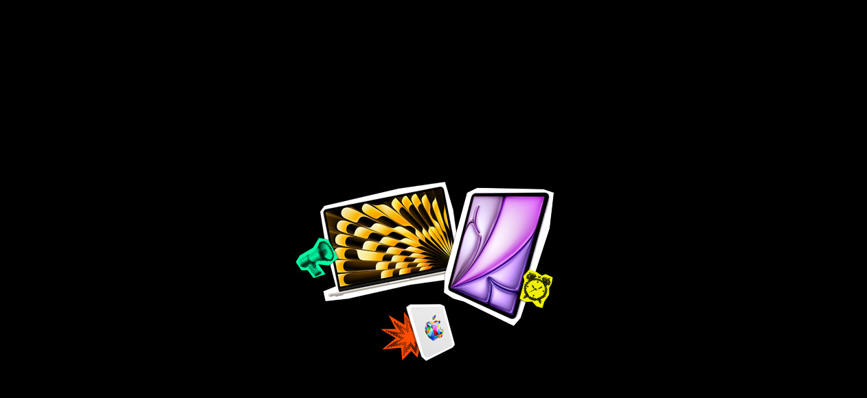 MacBook, display met een goudkleurig en zwart waaierpatroon op het scherm, groene sticker met een megafoon-emoji, iPad in de kleur paars, Apple Gift Card, rechthoekig met een vrolijk gekleurd Apple logo in het midden, gele sticker met een klok-emoji