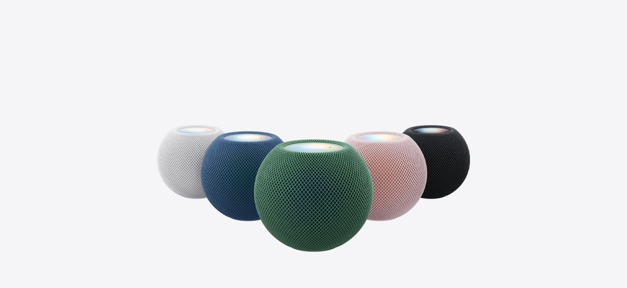 HomePod mini 2, all five colors: white, dark blue, dark green, light pink, midnight (black)