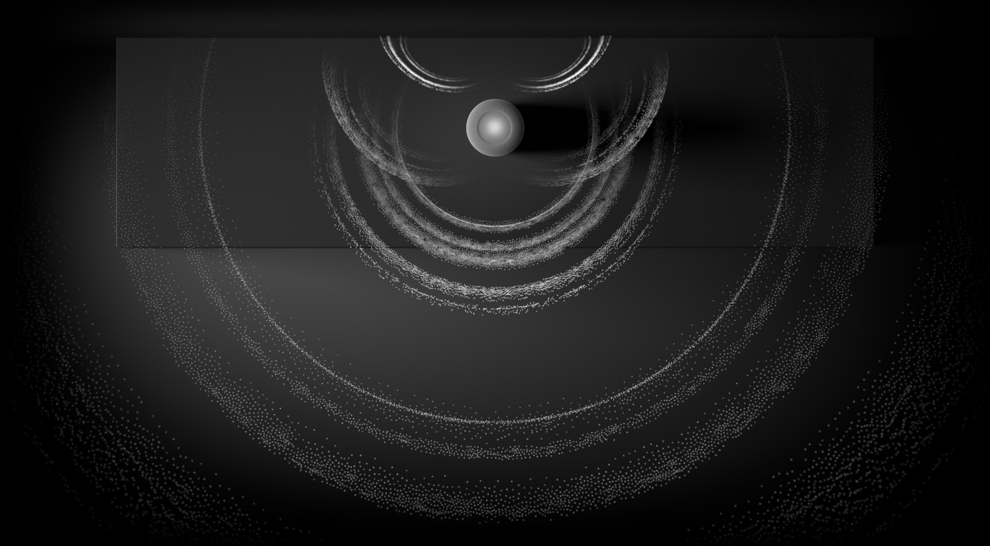 Un’animazione dell’audio spaziale, con un HomePod mostrato dall’alto e un cerchio concentrico di particelle sonore emesse dall’HomePod.