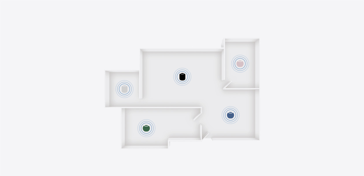 HomePod and HomePod mini 2 speakers in multiple colors placed in different rooms of a home floor plan
