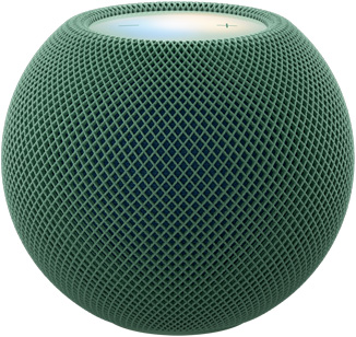 HomePod mini 2, สีเขียว (เขียวเข้ม), ภายนอกด้านหน้า, ดีไซน์ทรงกลมขนาดกระทัดรัด, ผ้าตาข่ายอะคูสติกแบบไร้รอยต่อ ภายนอกด้านบน, พื้นผิวระบบสัมผัสแบนเรียบที่มีแสงแบ็คไลท์, แสงเรืองรองหลากสีสัน