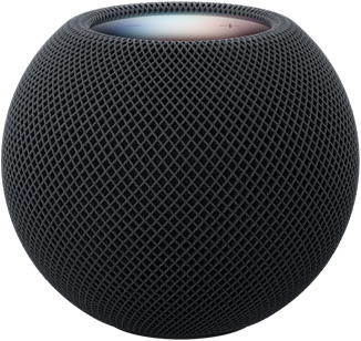 HomePod mini 2 สีมิดไนท์, ภายนอกด้านหน้า, ดีไซน์ทรงกลมขนาดกระทัดรัด, ผ้าตาข่ายอะคูสติกแบบไร้รอยต่อ ภายนอกด้านบน, พื้นผิวระบบสัมผัสแบนเรียบที่มีแสงแบ็คไลท์, แสงเรืองรองหลากสีสัน