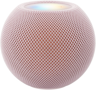 HomePod mini 2, สีชมพู (ชมพูอ่อน), ภายนอกด้านหน้า, ดีไซน์ทรงกลมขนาดกระทัดรัด, ผ้าตาข่ายอะคูสติกแบบไร้รอยต่อ ภายนอกด้านบน, พื้นผิวระบบสัมผัสแบนเรียบที่มีแสงแบ็คไลท์, แสงเรืองรองหลากสีสัน