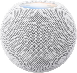 HomePod mini 2, สีขาว, ภายนอกด้านหน้า, ดีไซน์ทรงกลมขนาดกระทัดรัด, ผ้าตาข่ายอะคูสติกแบบไร้รอยต่อ ภายนอกด้านบน, พื้นผิวระบบสัมผัสแบนเรียบที่มีแสงแบ็คไลท์, แสงเรืองรองหลากสีสัน