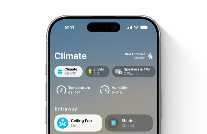iPhone screen displays Home app, Climate category, temperature and humidity dials, Entryway section shows ceiling fan and shades controls