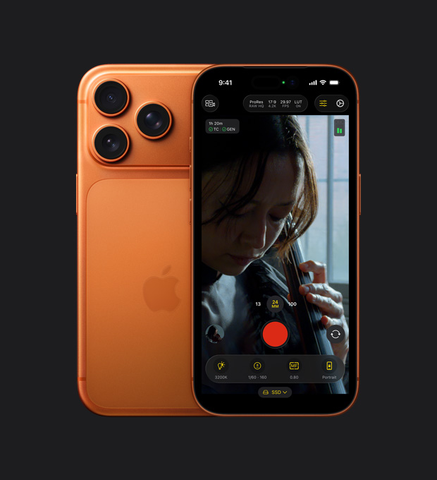 Écran d’un iPhone 17 Pro affichant la fonctionnalité ProRes RAW pendant l’enregistrement vidéo d’une femme jouant du violoncelle