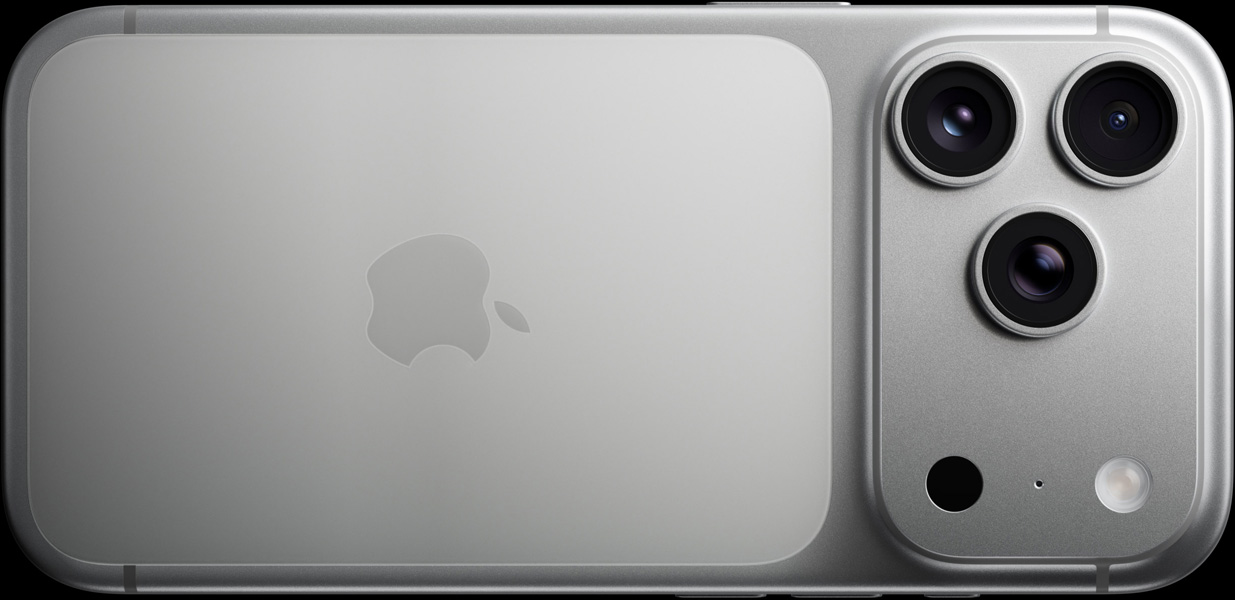 iPhone 17 Pro, สีเงิน, ภายนอกด้านหลัง, ระบบกล้อง Pro Fusion, เลนส์ 3 ตัว, ไมโครโฟน, แฟลช