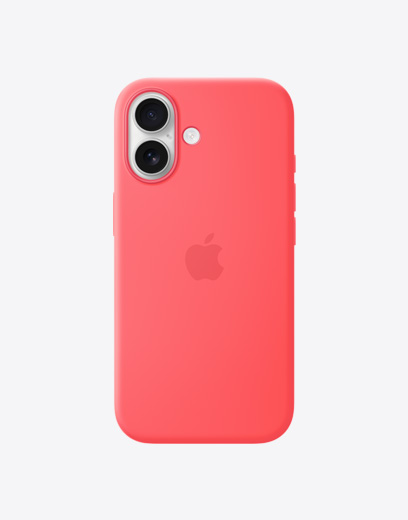 iPhone 17 hátulnézetből, sárga szilikontokban, bal felső sarkában a Fusion kamerarendszerrel, a tok közepén Apple-logóval
