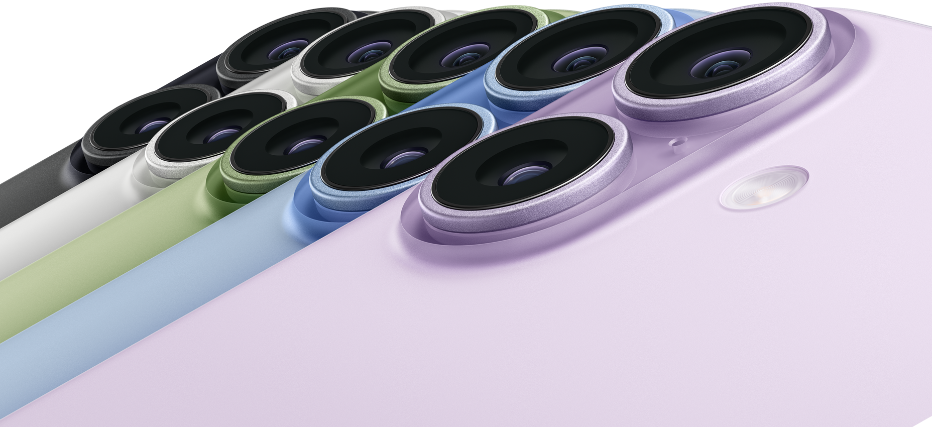 Öt iPhone 17 készülék bal felső része hátulnézetből, a Fusion kamerákkal, színváltozatok: fekete, fehér, zsályazöld, párakék, levendula
