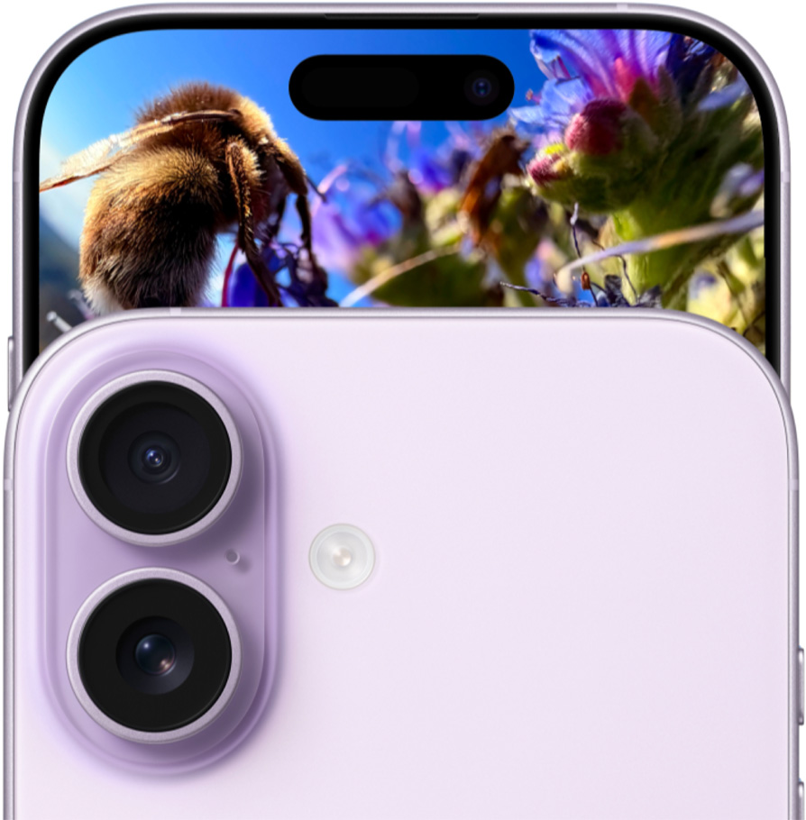 Egy levendulaszínű iPhone 17 elöl- és hátulnézetből a Dual Fusion kamerarendszerrel
