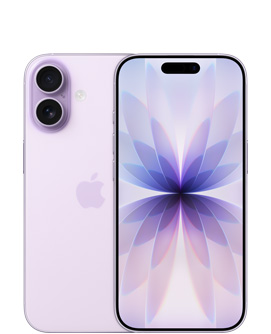 Levendulaszínű iPhone 17 hátulnézetből, balra felül a Dual Fusion kamerarendszerrel, középen pedig az Apple logójával. A készülék elölnézetből, levendulaszínben, felül középen a Dynamic Islanddel.