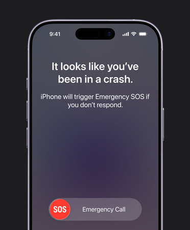 iPhone 17 elölnézetből, lekerekített sarkokkal, kijelzőjén a működés közbeni Ütközésészlelés funkcióval.