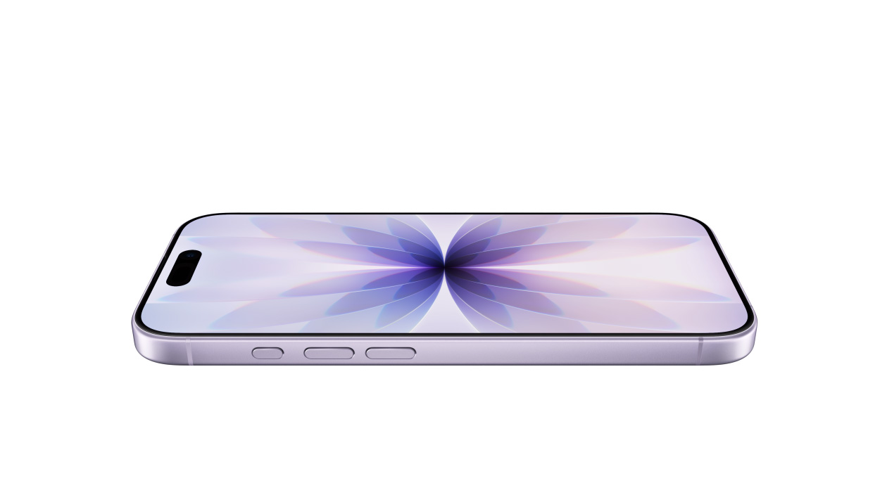 ラベンダーのiPhone 17、Ceramic Shieldを採用した前面の外観。側面の外観、アクションボタン、音量調節ボタン。上部付近の中央にDynamic Islandがある