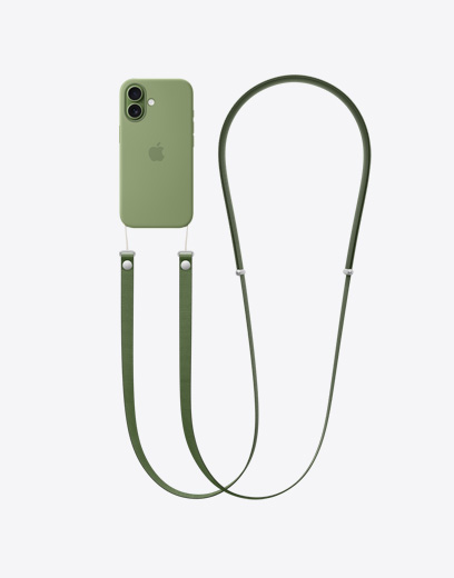 Parte de trás do iPhone 17 com capa verde e alça transversal verde