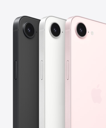 iPhone 17e, Seiten- und Rückansicht, Schwarz, Seiten- und Rückansicht, Weiß, Seiten- und Rückansicht, Hellrosa, Fusion Kamera oben, Seitentaste