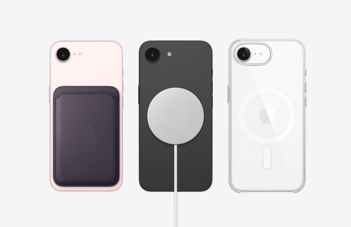 iPhone 17e, Rückseite, MagSafe Zubehör ist angebracht