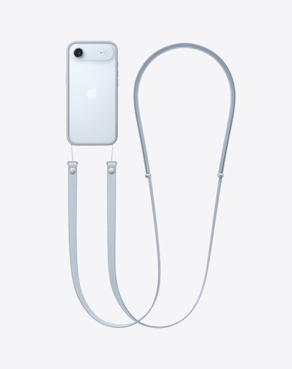 Pohled zezadu na iPhone Air, světle šedý ochranný rámeček s připnutým crossbody popruhem