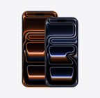 iPhone 17 Pro Max, pohled zepředu, kosmicky oranžová barva, iPhone 17 Pro, pohled zepředu, temně modrá barva
