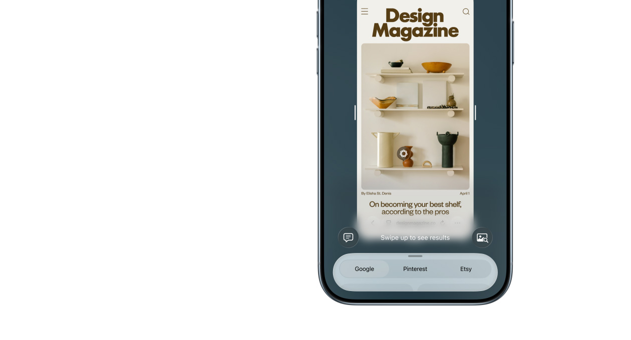 iPhone Air, pohled zepředu, na bocích jsou vidět tlačítka a na displeji rozhraní funkce vizuální inteligence