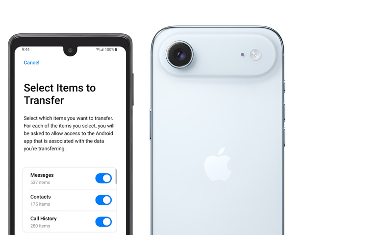 Dvě obrazovky vedle sebe, obrazovka Androidu s otevřenou aplikací Přechod na iOS, iPhone Air, pohled zezadu, vyvýšený modul Fusion s fotosoustavou a bleskem