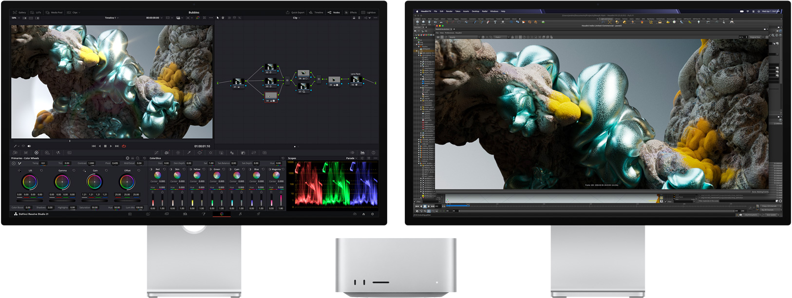 Studio Display, screen shows DaVinci Resolve Studio with abstract multicolor zoomed-in image, Mac Studio, front view, Studio Display XDR, screen shows Houdini and Maxon Redshift with same image zoomed in closer