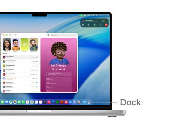 A tour of macOS navigation on MacBook Pro 14" with a line indicating the location of the Dock.