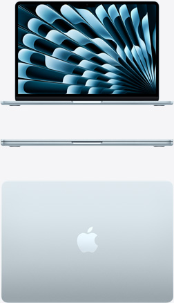 Vue de face et de haut d’un MacBook Air en finition bleu ciel