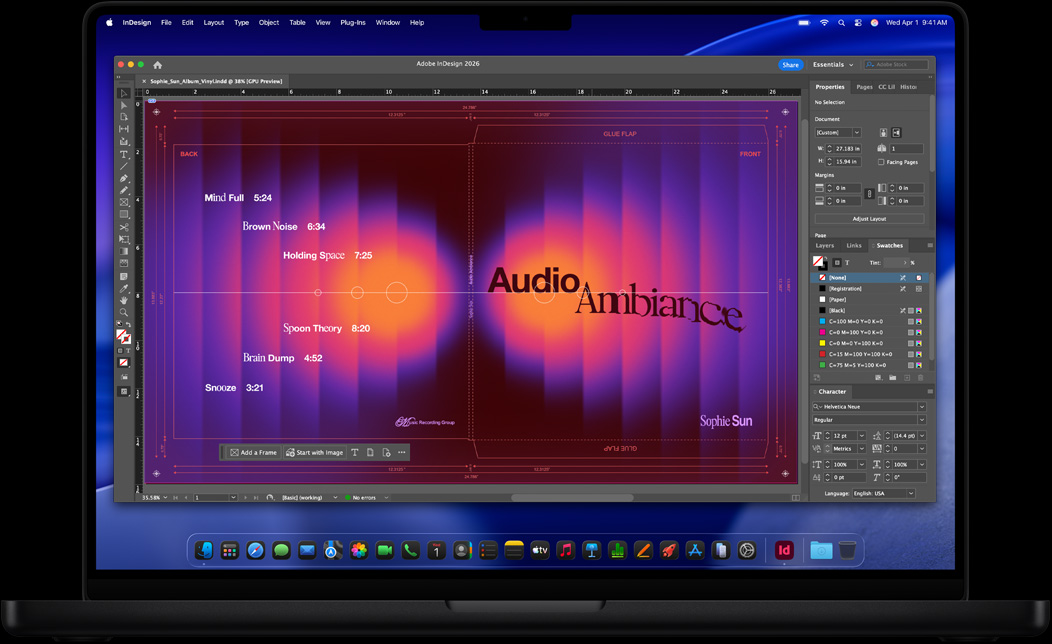 MacBook Pro screen of Adobe InDesign being used to make a vinyl record sleeve