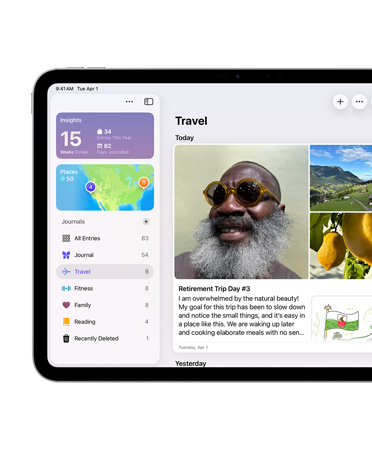 iPad في الوضع الأفقي، والجانب الأيسر من الشاشة يعرض تطبيق اليوميات