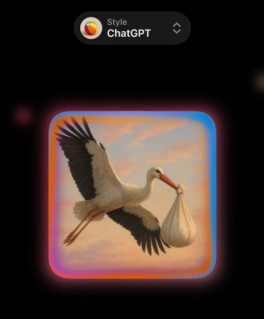 تطبيق عالم الصور مع قائمة منسدلة في الأعلى تقرأ النمط: ChatGPT، وصورة لطائر لقلق يحمل طفلاً في صُرّة