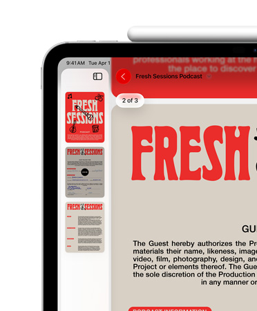 iPad بالوضع الأفقي وقلم Apple متصل مغناطيسياً بجانبه العلوي، بينما يُعرض أعلى يسار الشاشة ملف PDF في تطبيق المعاينة