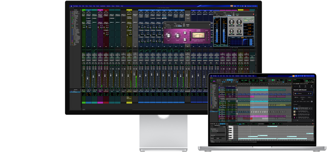 Un monitor Studio Display y una laptop Mac muestran una sesión en Pro Tools con integración de Splice. El vidrio nanotexturizado ayuda a reducir el reflejo en la pantalla oscura del programa