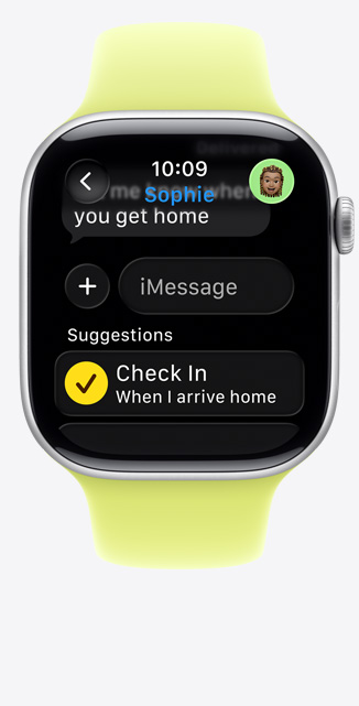 Apple Watch Series 11, aluminum case, silver color, Check In suggestion in iMessage, Sport Band, neon yellow color