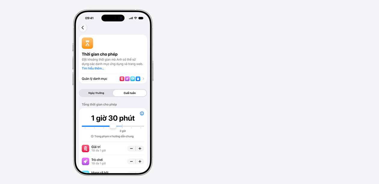 iPhone hiển thị giao diện Thời Gian Cho Phép, bao gồm thời gian cho phép được chia sẻ là hai giờ 30 phút và những sự cho phép được đề xuất cho các danh mục ứng dụng như giải trí, trò chơi và mạng xã hội.