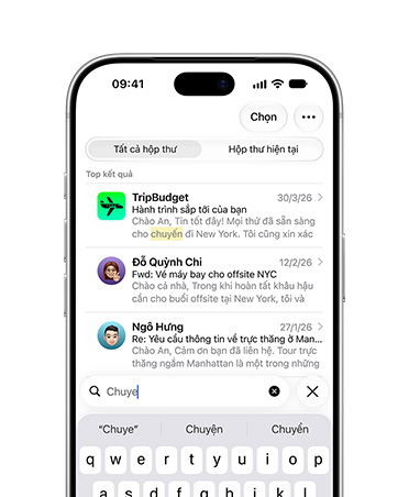 iPhone 18 Pro, Silver, screen showing selection of emails retrieved from search term New York City trip