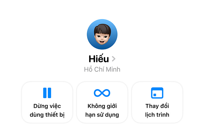 Settings app options for a parent to Pause Device Use, Allow Unlimited Use, or Change Schedule for their child